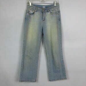 Cache' Jeans Faded Color Distressed Cropped Rhinestone Cotton Stretch Size 4